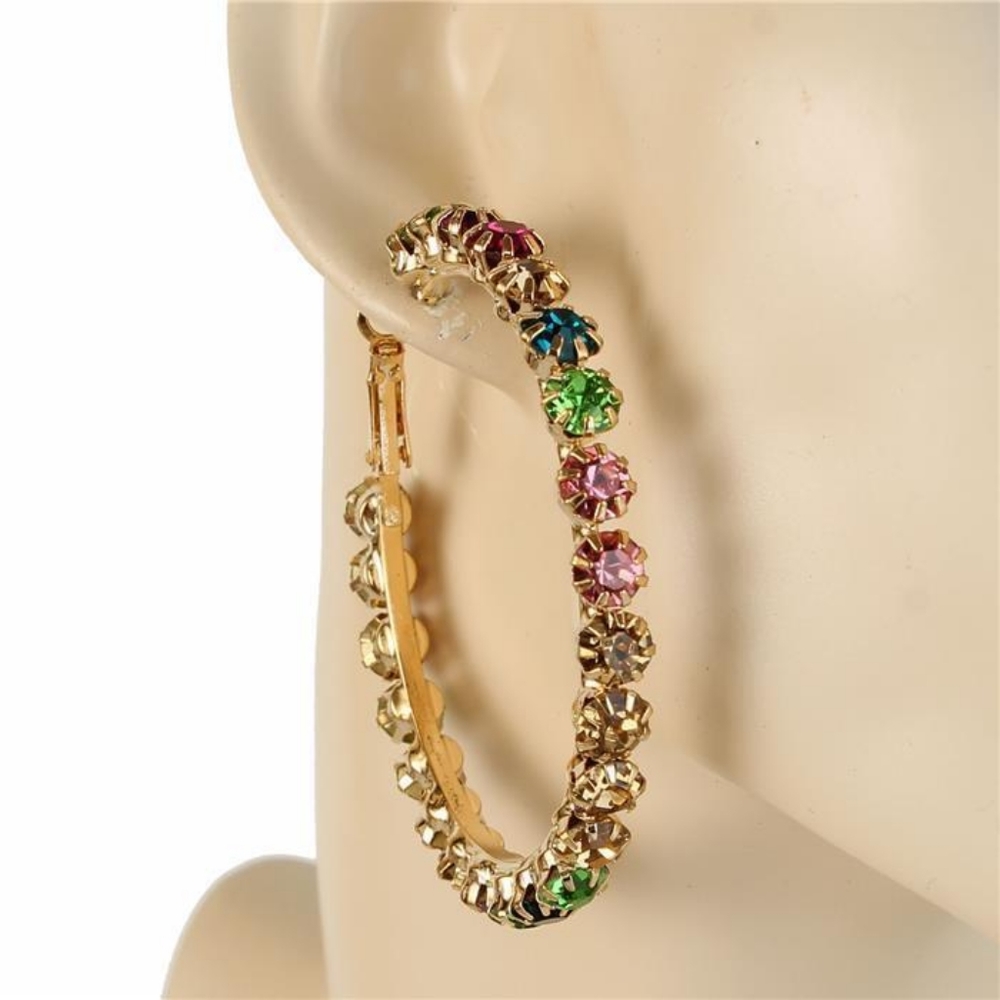 MultiColored Crystal Rhinestones Round Geometric Bling Trendy Gold Hoop Earrings